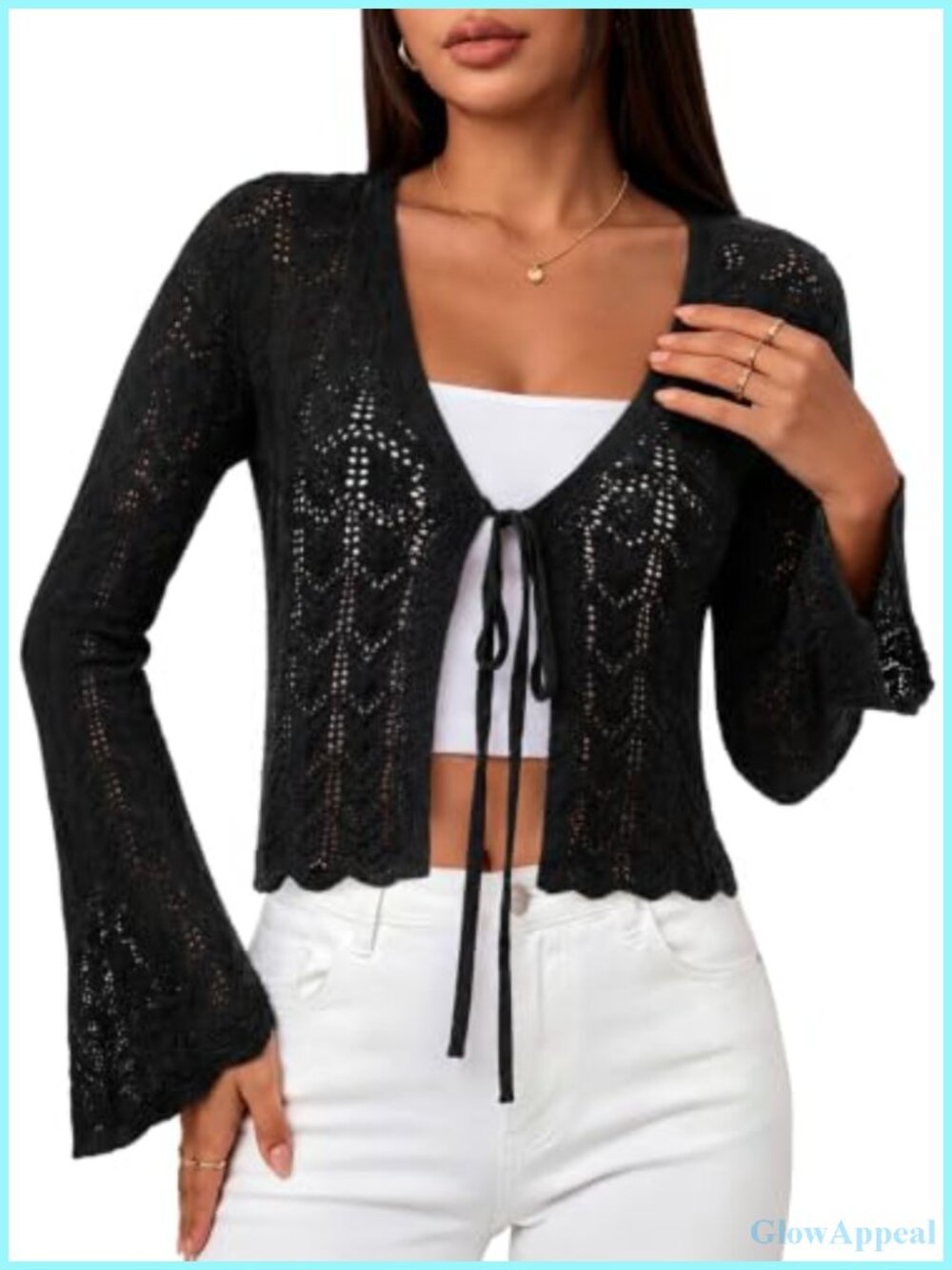 Crochet Tie Front Cardigan Sweater Women V Neck Bell Sleeve Knit